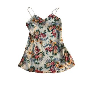 Kathryn Nightgown Vintage Floral Satin Slip Cream Pink Rose Print Medium